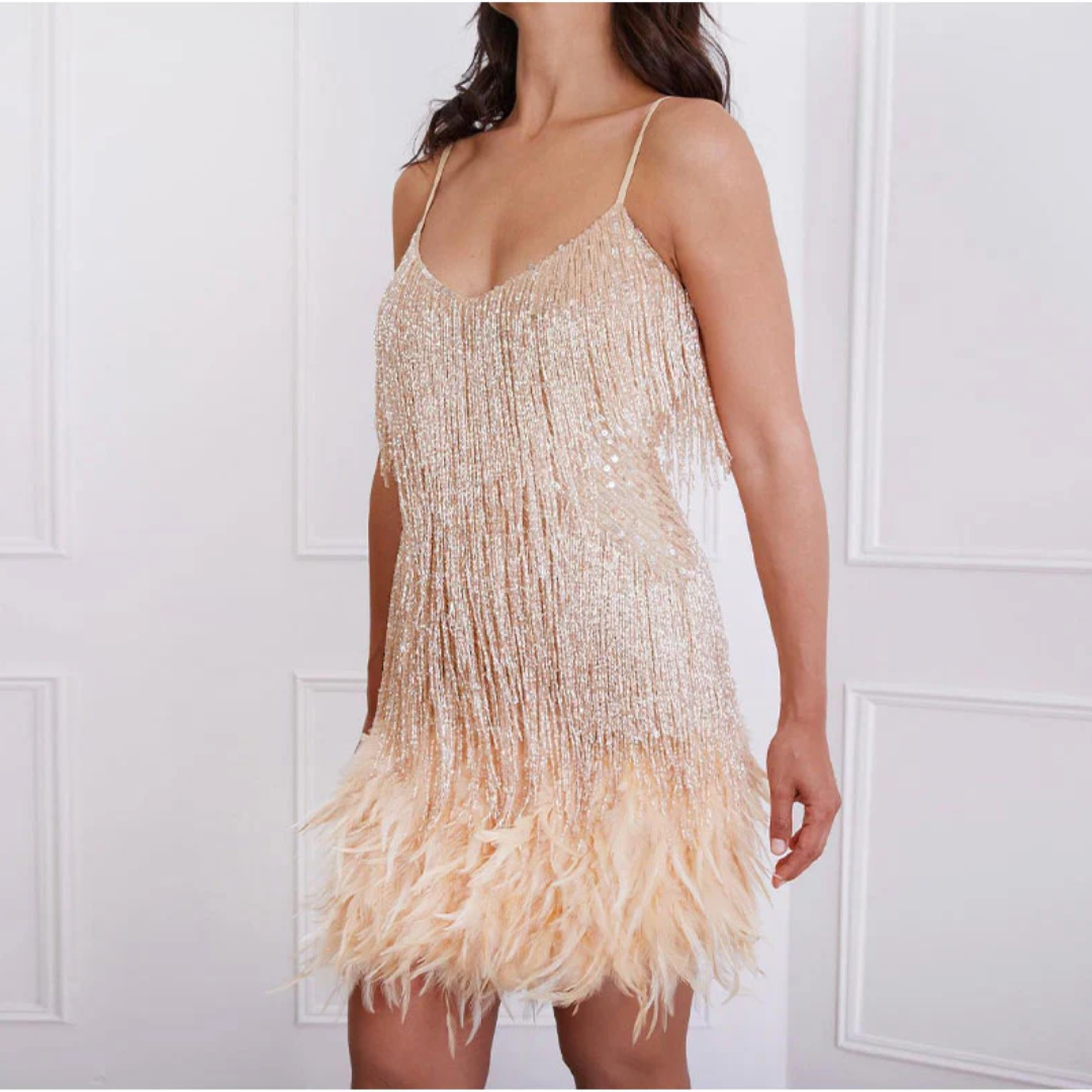 Elegant Women's Dress by Calista with Feathers Pearls and Stunning Feather Details
