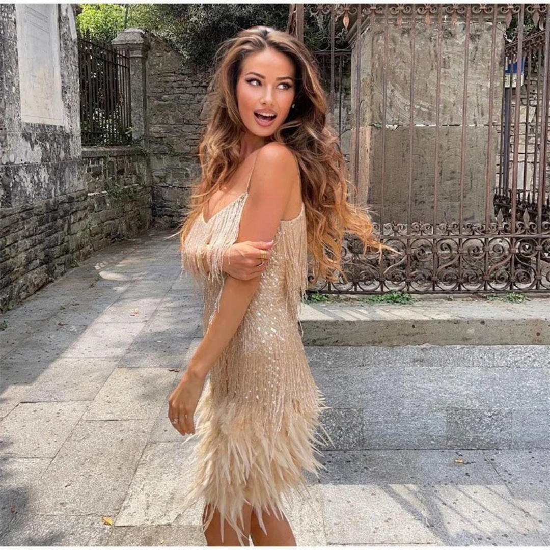 Elegant Women's Dress by Calista with Feathers Pearls and Stunning Feather Details