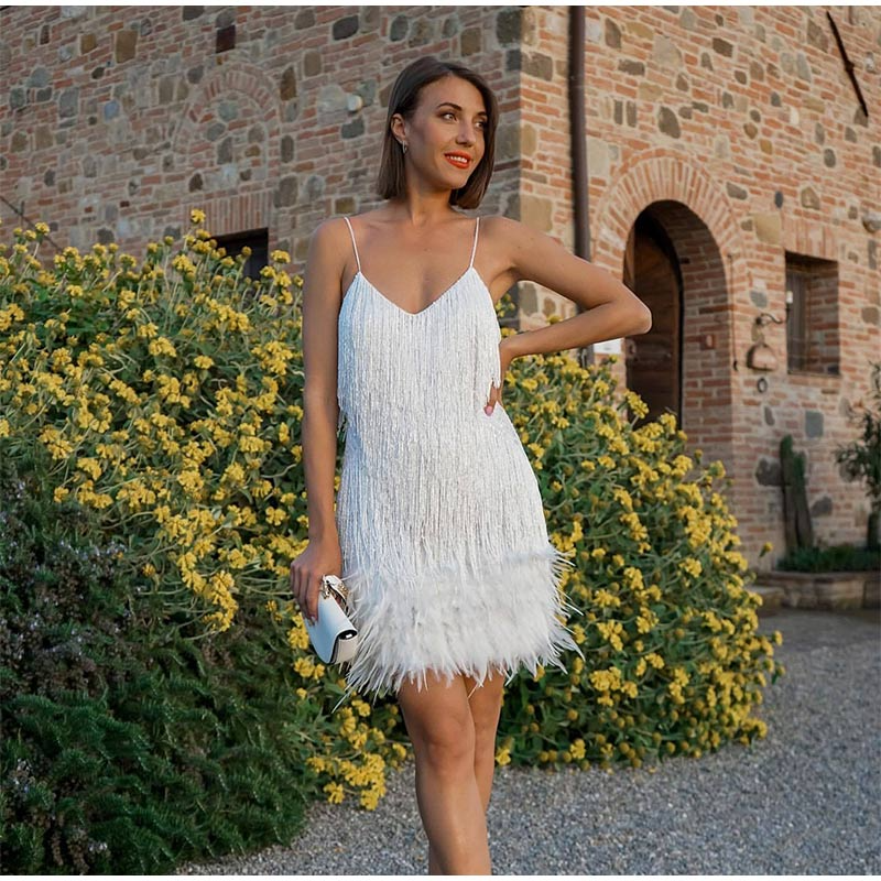 Elegant Women's Dress by Calista with Feathers Pearls and Stunning Feather Details