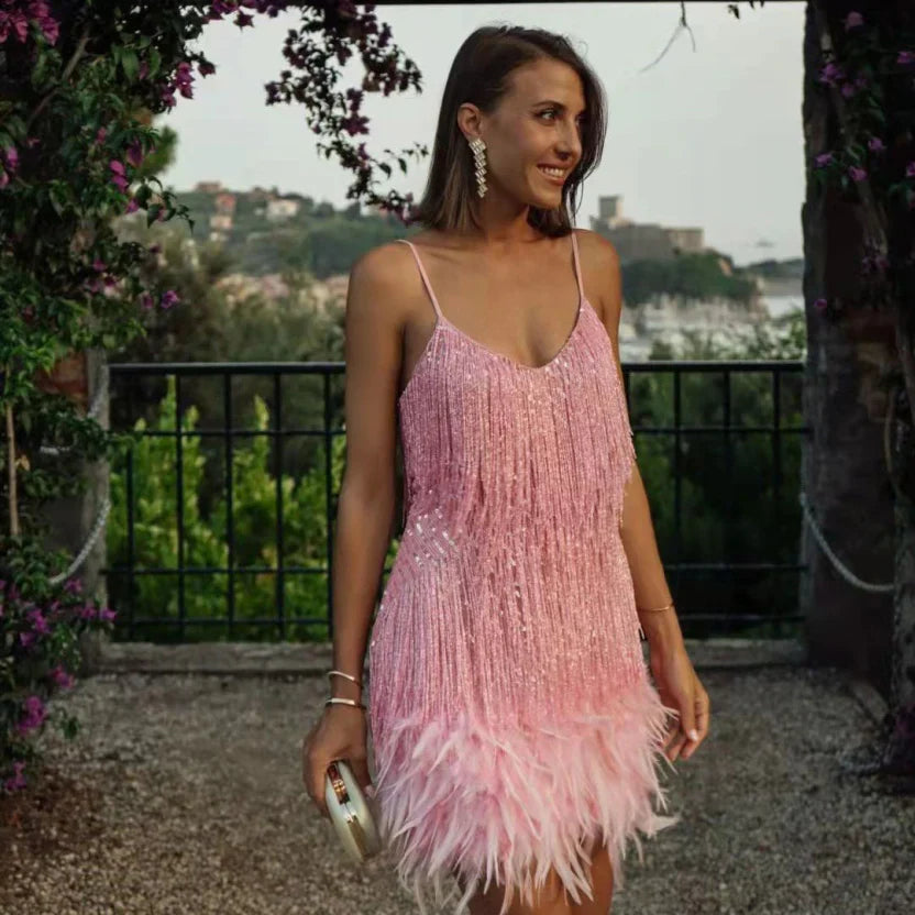 Elegant Women's Dress by Calista with Feathers Pearls and Stunning Feather Details