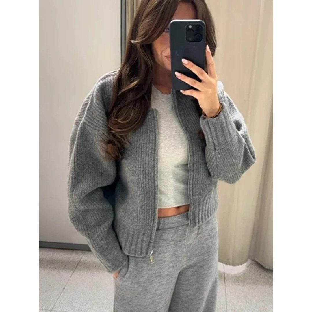 ז'קט סריג לנשים של אוראני עם צווארון עגול ור zipper – אופנתי ונוח