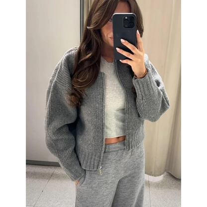 ז'קט סריג לנשים של אוראני עם צווארון עגול ור zipper – אופנתי ונוח