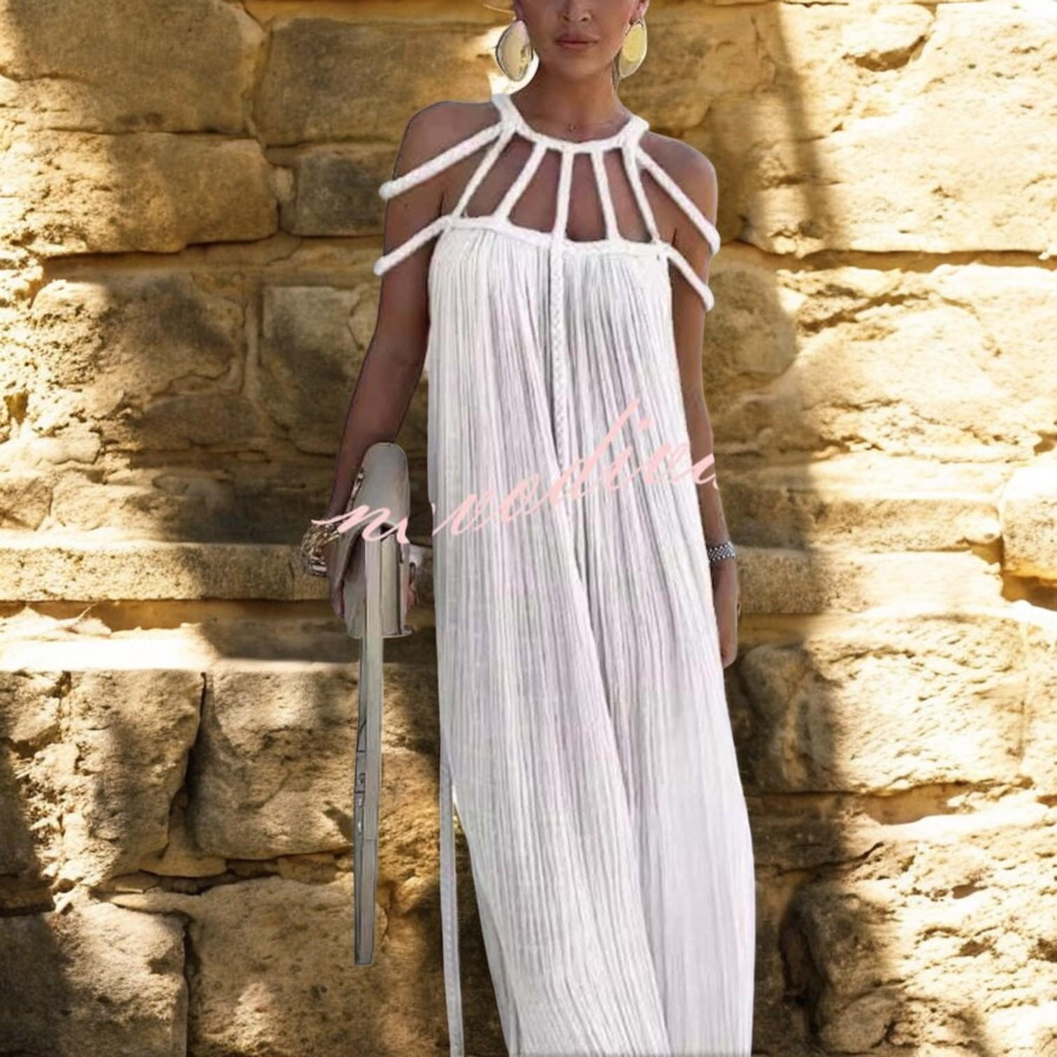 שמלת מקסי אלגנטית עם קפליים מסוגננים ופרטי צמה מ תערובת פשתן באיכות גבוהה