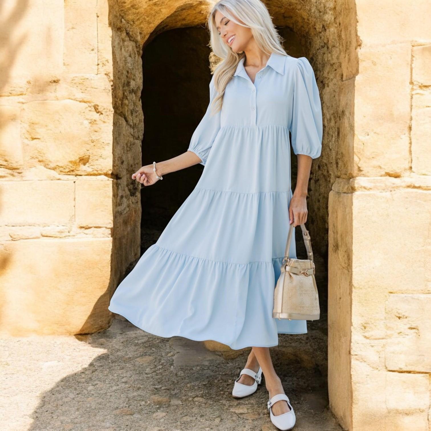 שמלת מידי סגלגלה באף כחול אלגנטית לאירועים סגנוניים